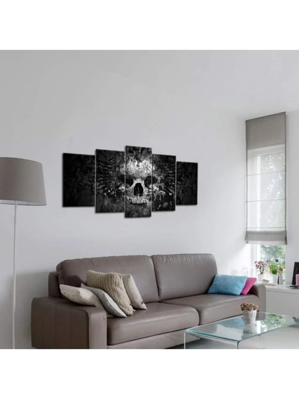 5-Piece Black & White Skull Canvas Art Set - Abstract Halloween Wall Decor